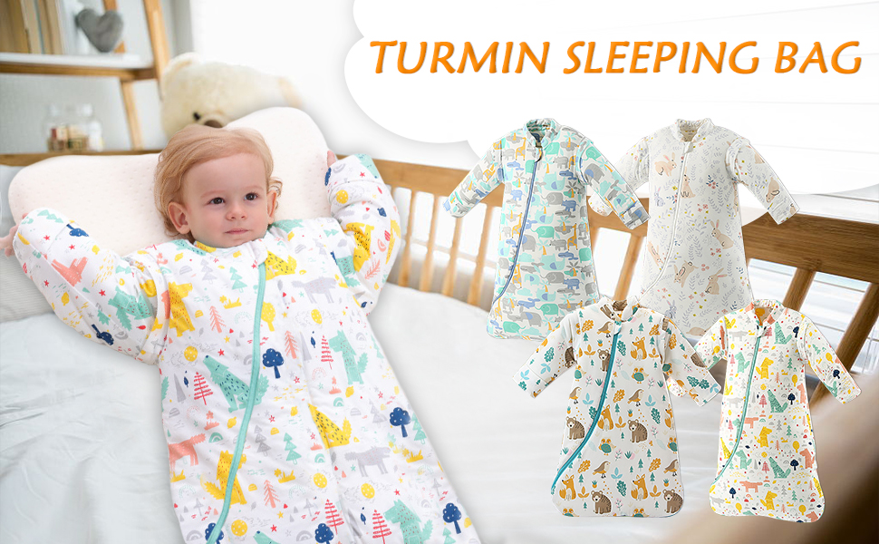 TURMIN Baby Sleeping Bag, 2.5 TOG Toddler Sleep Bag with Removable Sleeves Winter Organic Cotton