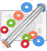 Rolling Pin with Thickness Rings and Silicone Baking Mat, Adjustable Stainless Steel Rolling Pins...
