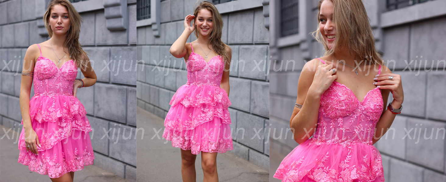 Xijun Sparkly Sequin Tiered Lace Tulle Dresses