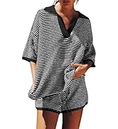 Tankaneo Womens Sweater Set 2 Piece Outfits Oversized 3/4 Sleeve V Neck Knit Tops High Waisted Sh...