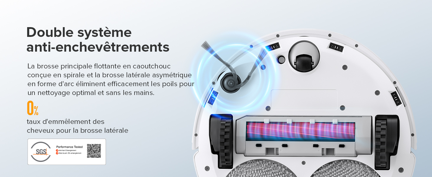 avec double système anti-emmêlement. Comprend des pinceaux visibles, des roues et une brosse à rouleau rose derrière un panneau transparent. Le texte met en évidence la technologie anti-enchevêtrement