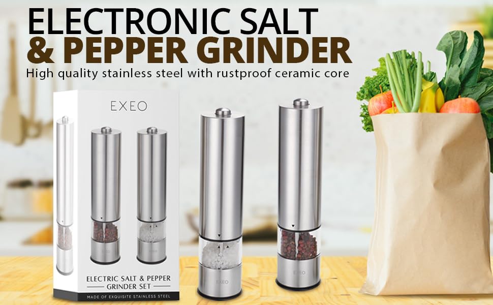 Electric Salt and Pepper Grinder Set, Battery Operated Stainless Steel Mill with