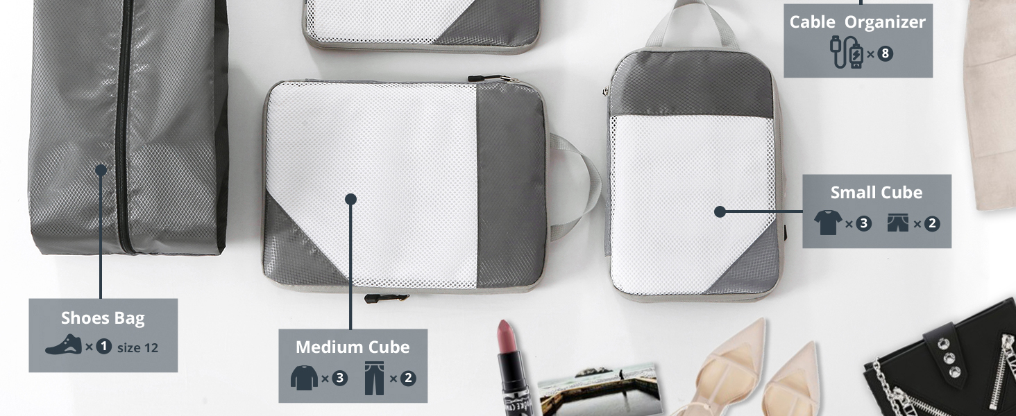 NICOSHOW Compression Packing Cubes Travel Organizer, Grey Packing Cubes for Carryon Luggage, 4