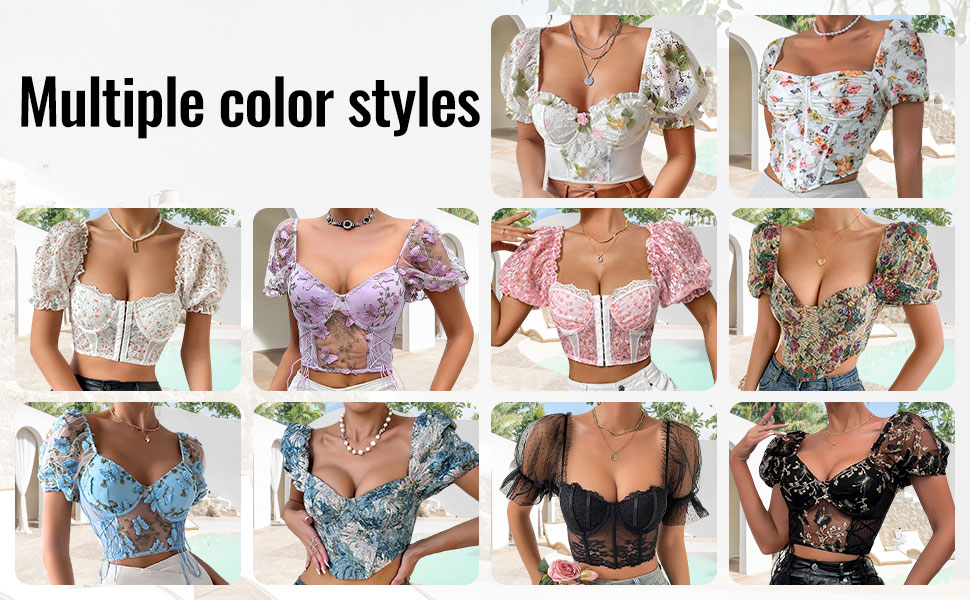 Women's Embroidered Butterfly Crop Tops Sheer Mesh Puffy