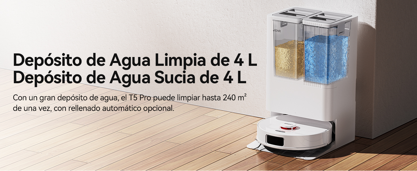 con dos tanques de agua. Los tanques transparentes muestran un contenido azul y amarillo. El texto indica una capacidad de agua limpia y sucia de 4 litros, capaz de limpiar 240 metros cuadrados.