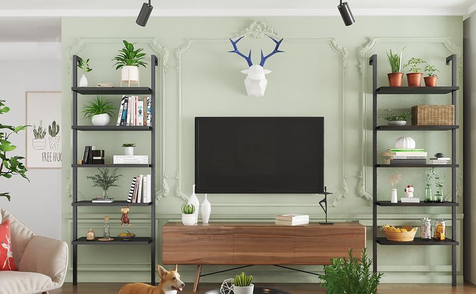 AWQM 2pcs Black Bookshelf,5 Tier Modern Ladder Shelf Wall Mounted Bookshelf Bookcase