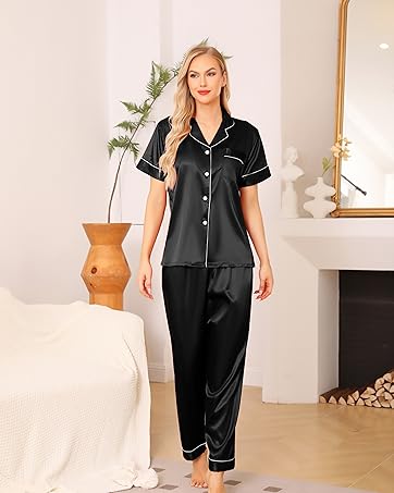 Vlazom Pyjamas for Women, Soft Satin Pjs Set Two Piece Silk Pyjamas for Ladies Button Down Sleepwear Loungewear 6-24 UK Size 19 capris pyjamas for women,womens pyjamas set,womens short pyjamas set,womens pyjamas shorts set