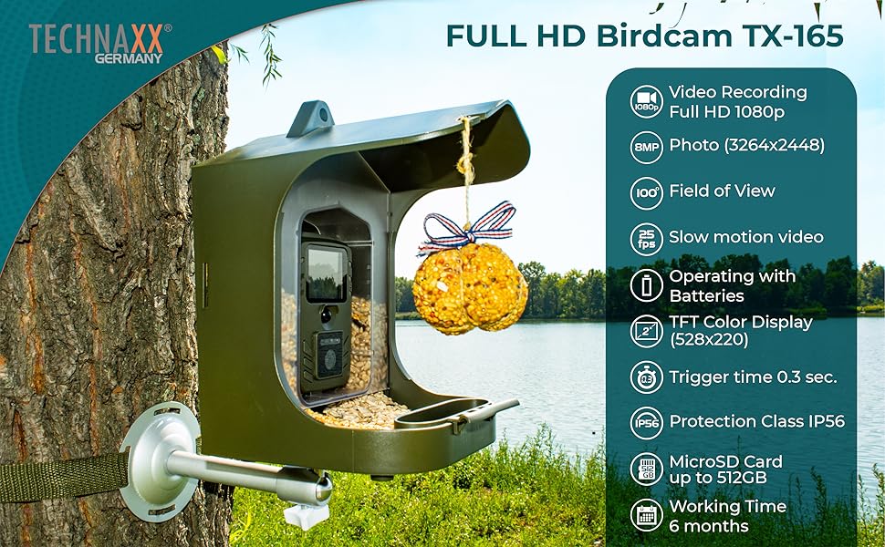 Technaxx Bird Feeder Camera Station with Treat Hanging, 150 G Box for