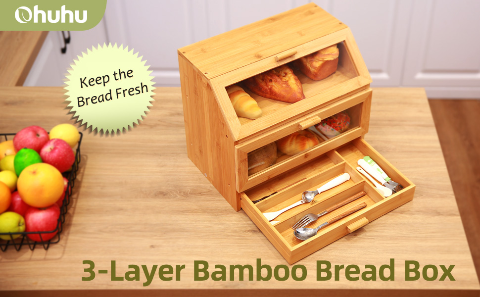 Bamboo Bread Box for Kitchen Countertop, Ohuhu Extra Large Three Layer Bread Storage