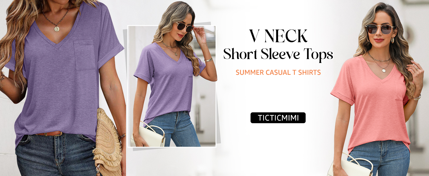 Women's V Neck Short Sleeve Tops Summer T Shirts