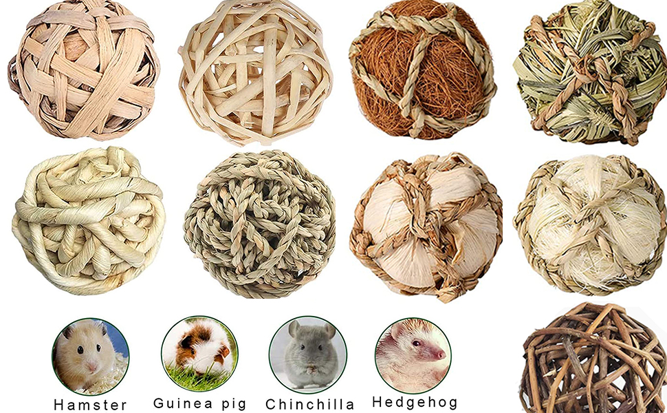 Sammlung von Acht Natürschen Gewebten Bällen in Verschidenen Farbtönen, Die über Kleinen Tiersymbolen MIT Beschiftungen für Verschidene Tierarnen Angezaut Werden.