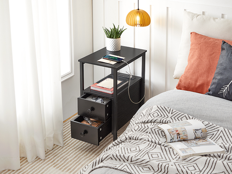 HOOBRO End Table with Charging Station, Narrow Side Table with 2 Drawer & USB Ports