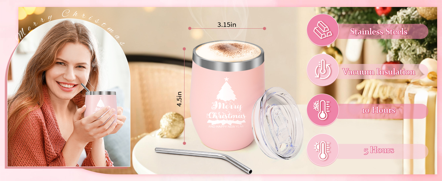 Product image showing pink insulated tumbler with straw lid, surrounded by decorative elements including flowers and sparkle effects.