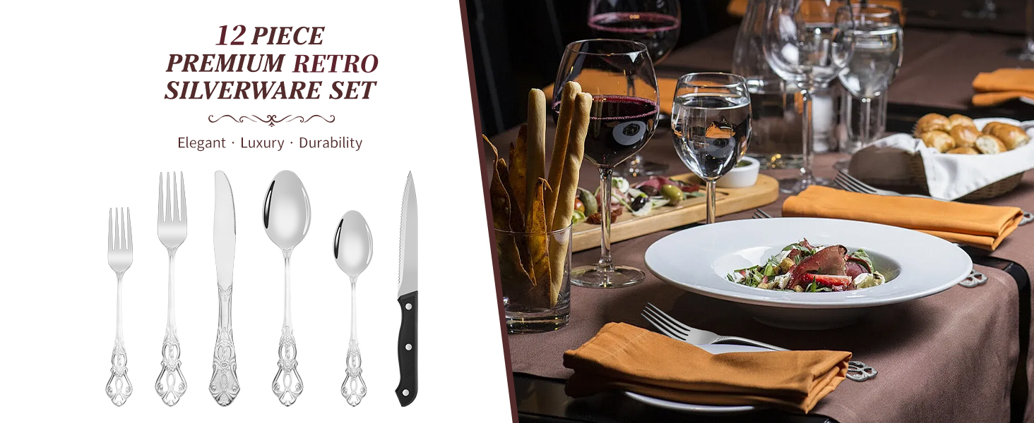 Aswwid 12 Pieces Silverware Set for 2, Retro Royal