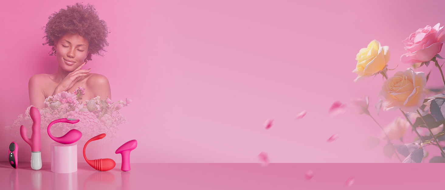 Pink promotional setting featuring rose-colored feminine health products and beauty accessories with floral elements against a pink background.