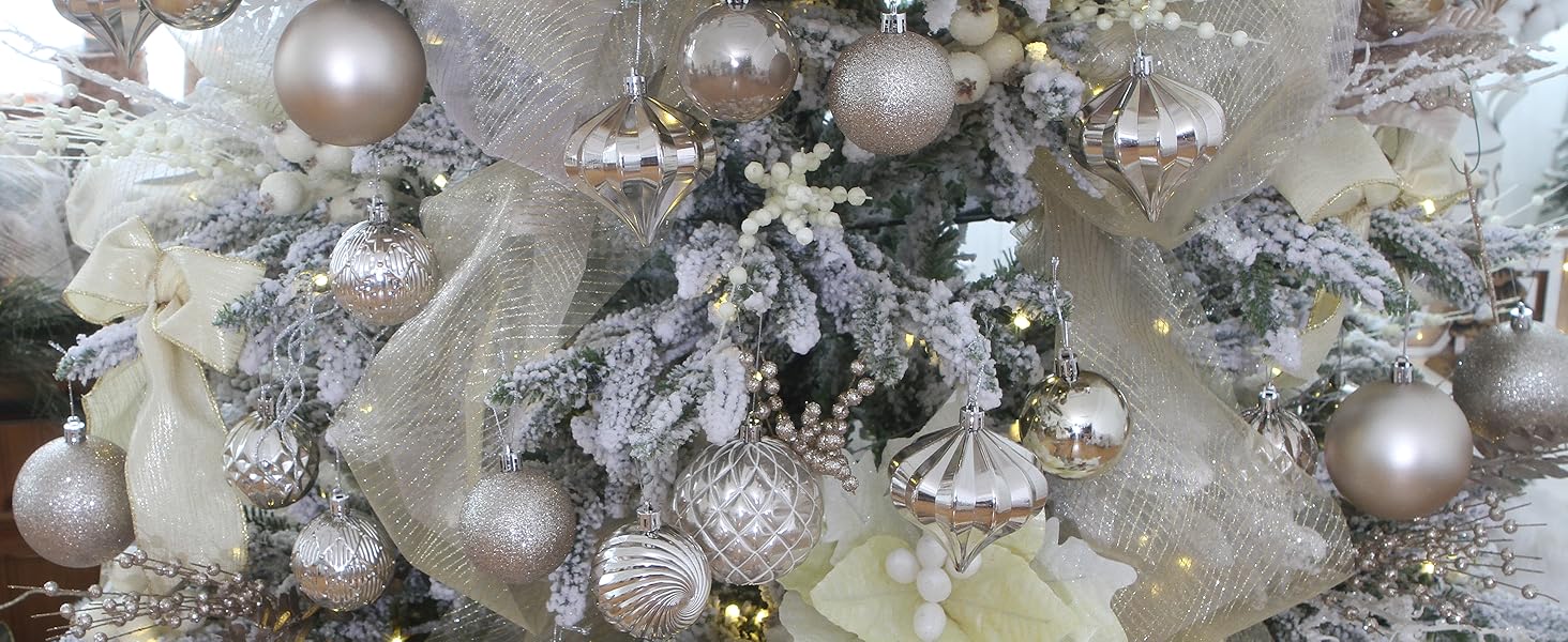 Champagne Christmas ball ornaments on a Christmas tree