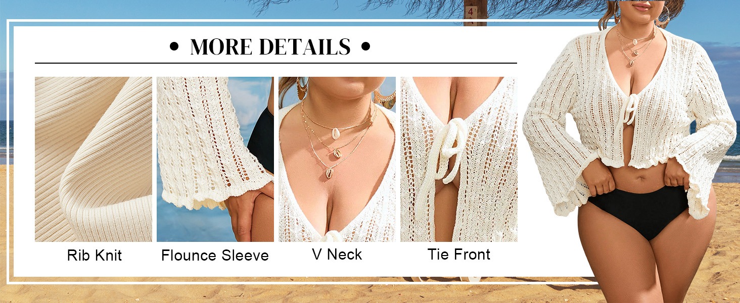 Plus Size V Neck Long Flounce Sleeve Tie Front Knit Crop Cardigan