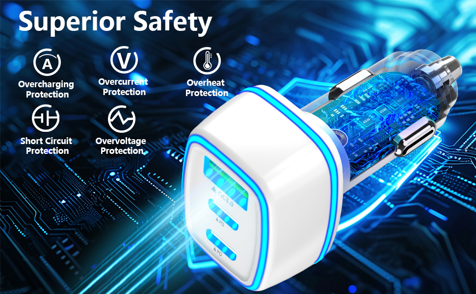 3-Port 67W Dual PD/QC3.0 Car Power Adapter USB-C Car Charger Fast Charging Cigarette Lighter Adapter