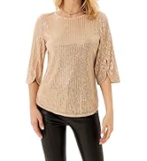 Camiseta Mujeres Lentejuelas Cuello Redondo 3/4 Mangas Casual Fiesta