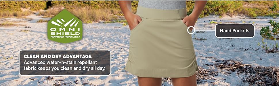 Water repellent and stain resistant shorts for women, Skort, Omni-Shield