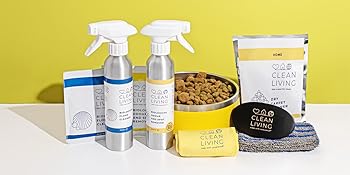 Pet care product collection including spray bottles, containers, and cleaning supplies arranged against yellow background.