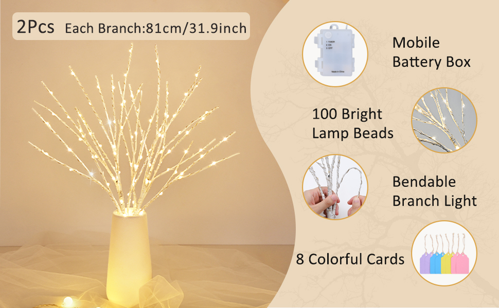 Lighted Branches for Vases, 2PCS Branch Lights, 32IN Birch