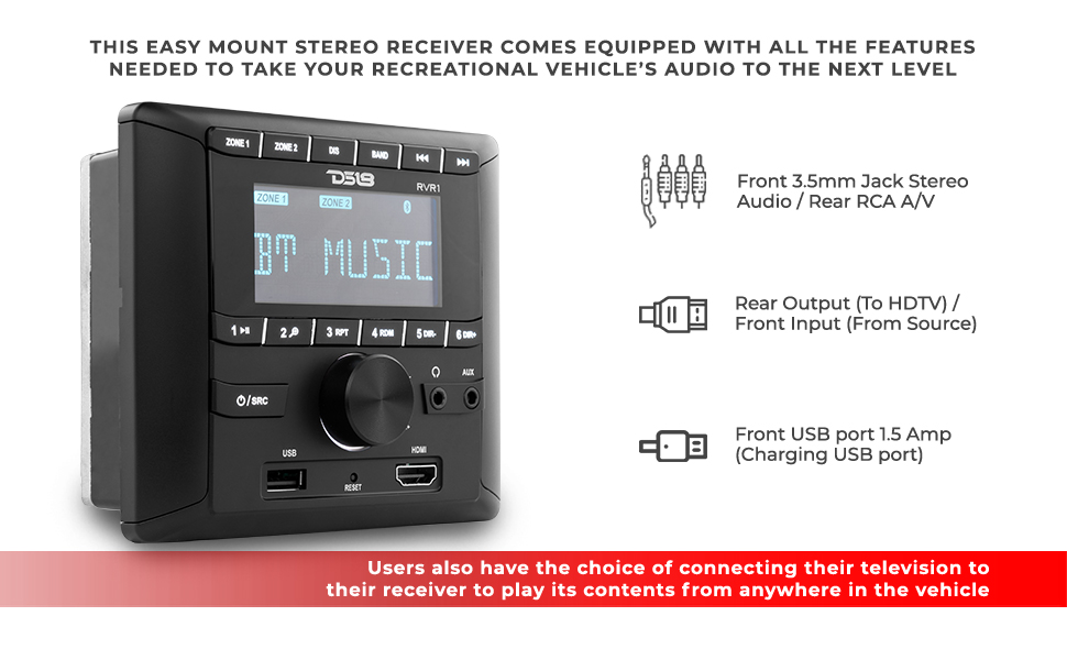 DS18 RVR1 RV Headunit LCD Screen, 2 Zones, 4 Volts Output