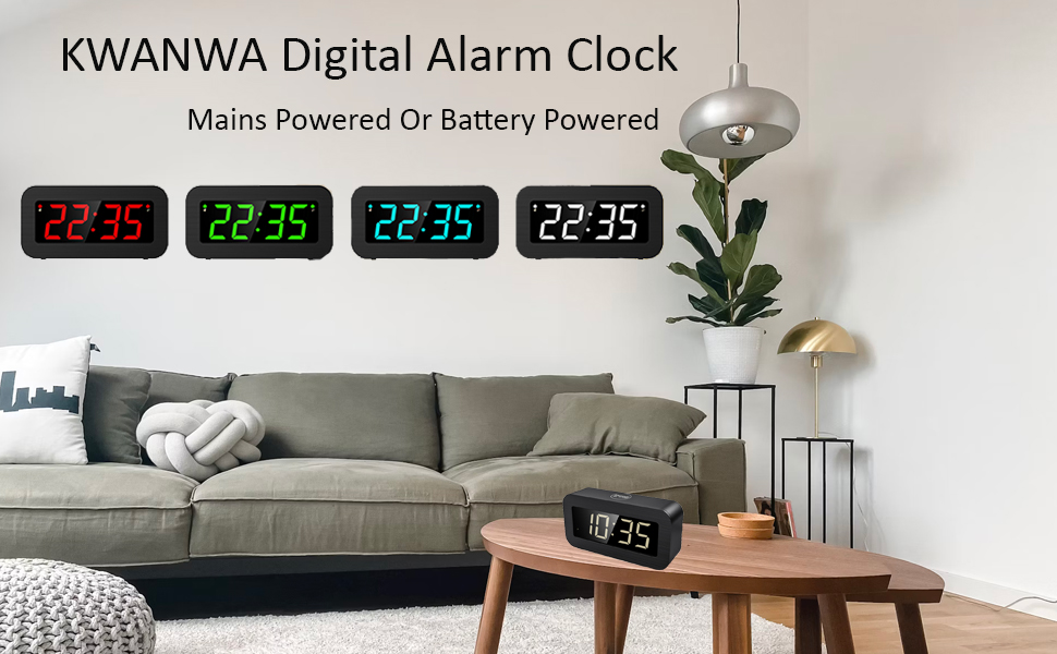 KWANWA Digital Alarm Clock,Plugin USB Powered or Battery Operated