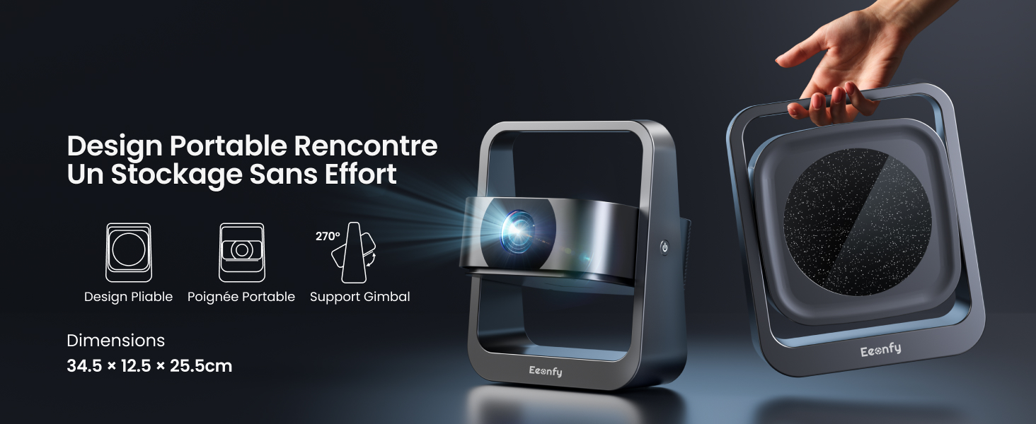 montrant un appareil noir compact avec haut-parleur, doté de deux unités en forme de cube avec des spécifications de mesure de 34,5 x 16,5 x 26,5 cm