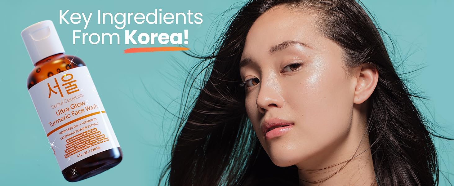 SeoulCeuticals K Beauty Turmeric Cleanser for face with beautiful Korean skincare model