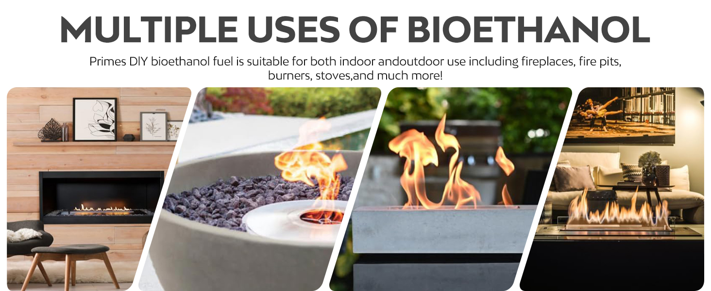 Multiple fire features showing bioethanol in use, displayed in a series of outdoor and indoor fireplaces and fire pits.
