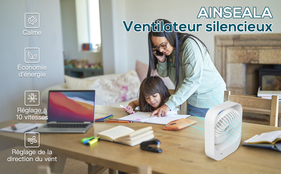 AINSEALA Ventilateur de Bureau, Ventilateurs de table USB puissant