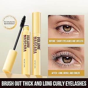 Text reads 'BRUSH OUT THICK AND LONG CURLY EYELASHES', 'BEFORE - SHORT EYELASHES ARE LIFELESS', 'AFTER - LONG, DENSE, AND CURLED'. Mascara product demonstration showing before and after eyelash effects.