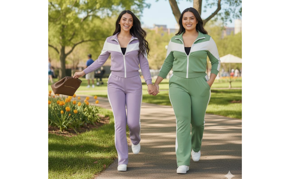 يُظهر تسلسل المشي في الهواء الطلق أشخاصًا يرتدون ملابس رياضية مريحة باللونين الأرجواني والأخضر، ويتم تصويرهم في بيئة طبيعية مضاءة بنور الشمس.