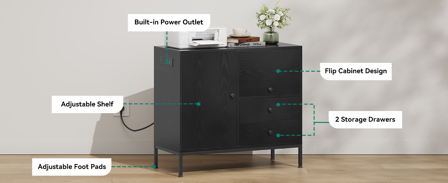 YITAHOME 3-Drawer Sideboard with Power Outlets, Storage Cabinet, Cupboard, Wooden Lateral File Cabinet, Printer Stand for Home Office, Black, 80x40x90 cm 14 Storage Cabinet