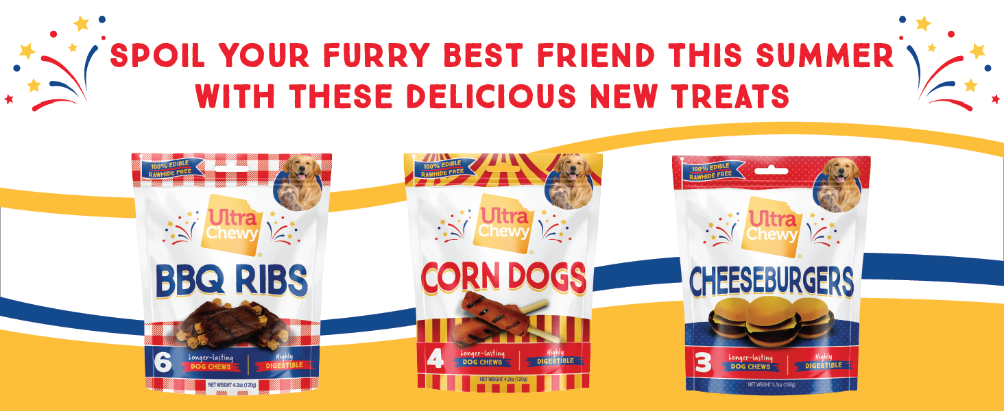 Spoil your furry best friend with delicious dog treats ultra chewy cheeseburgers corn dogs and ribs