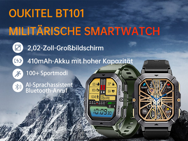 Oukitel BT101 Militär-Smartwatch mit 2,02-Zoll-Display, 410-mAh-Akku, über 100 Sportmodi, KI-Sprachassistent und Bluetooth-Anrufen. Abgebildet in den