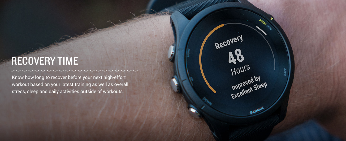 Two Forerunner 255 Music smartwatches with black and white straps displaying contactless payment feature with a VISA card on a textured surface.