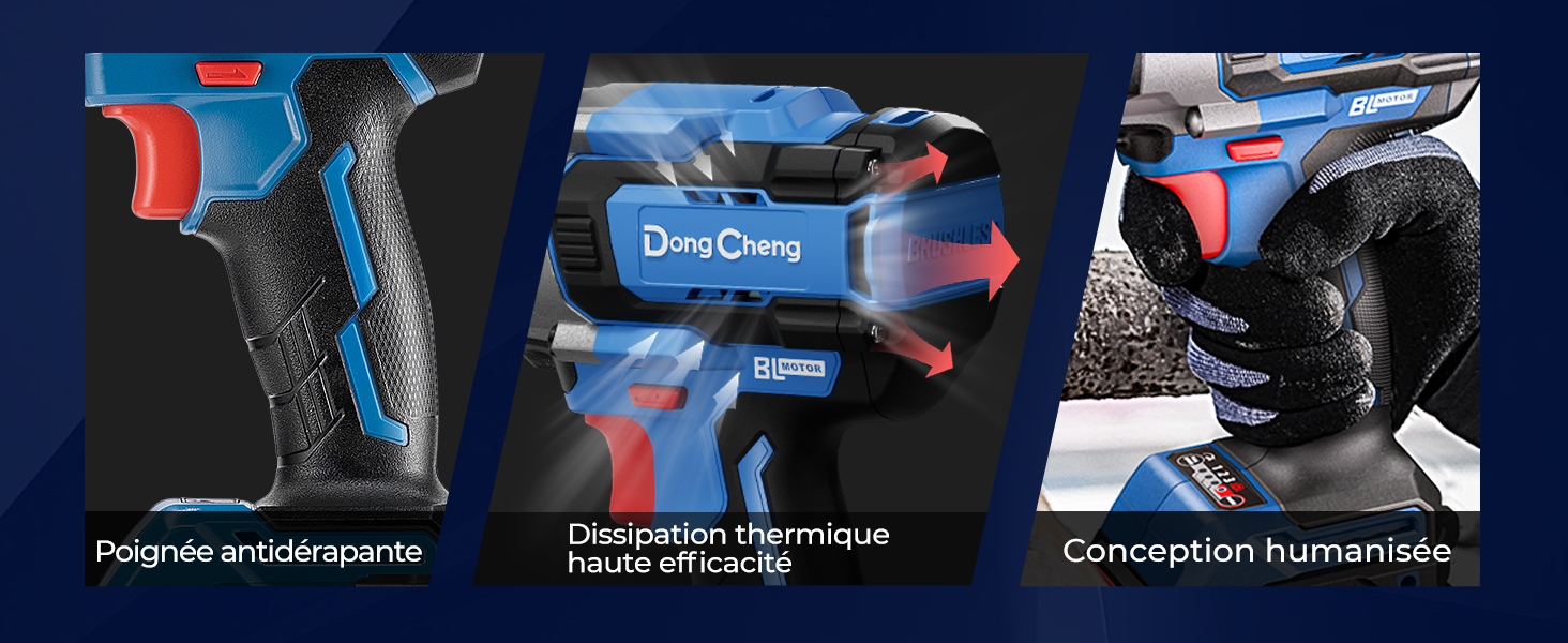 Le texte se lit comme suit : « Désignation thermique » et « Conception humanisée ». Démonstration du produit en trois panneaux présentant des composants techniques ou des accessoires bleus et noirs.