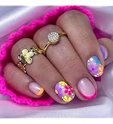 IMRAIN Flower Press on Nails Short Oval Fake Nails with Colorful Floral Design Glossy Glue on Nai...