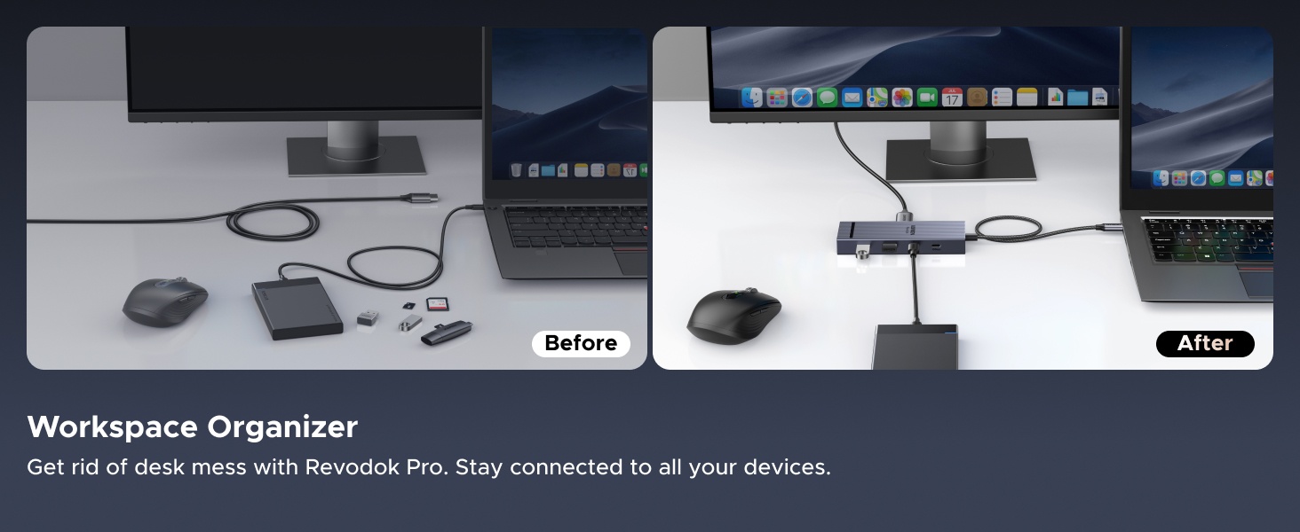 Before and after comparison of desk setup. Left shows scattered devices, right shows organized workspace with laptop connected to monitor and peripheral devices through a central hub.