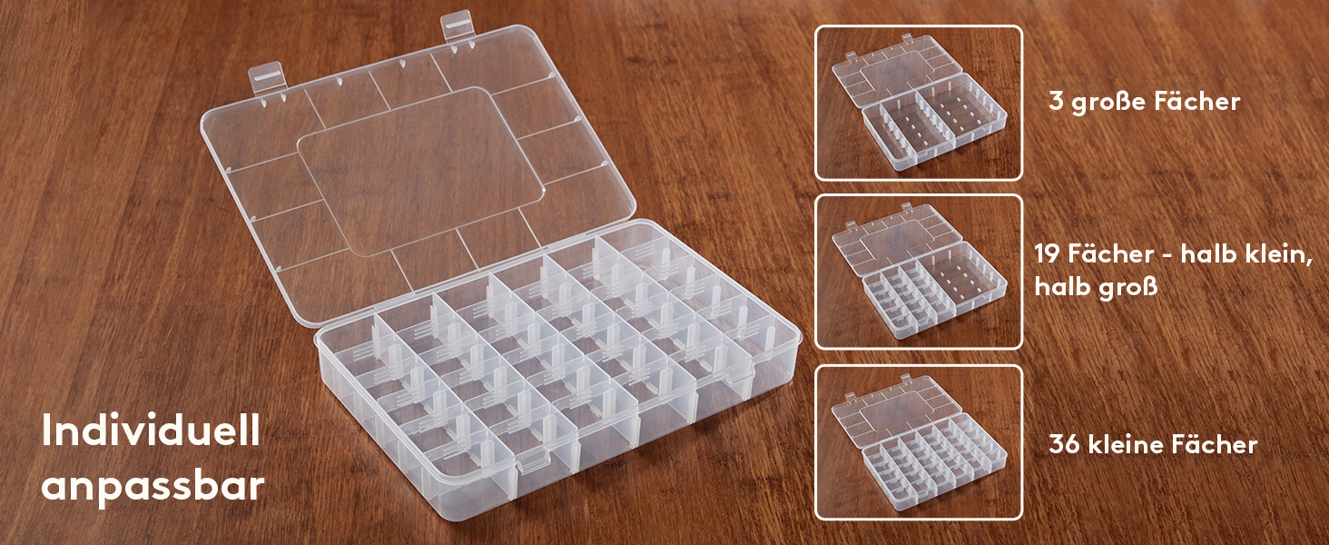 Organizer-Box aus transparentem Kunststoff mit verstellbaren Fächern. Der Text weist auf verschiedene Konfigurationsoptionen für anpassbaren Speicher hin.