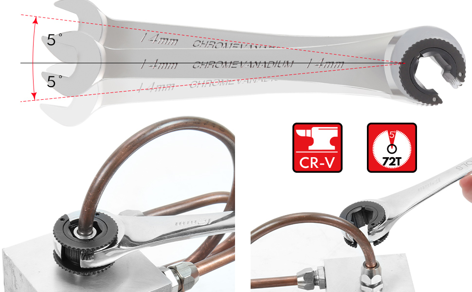 BILITOOLS 14mm Ratcheting Line Wrench, Ratchet Flare Nut Tubing Wrench