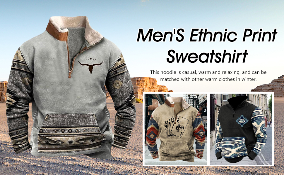 Aztec Cowboy Hoodie Vintage Graphic Western Hoodies for Men Half Zip Pullover with Pocket