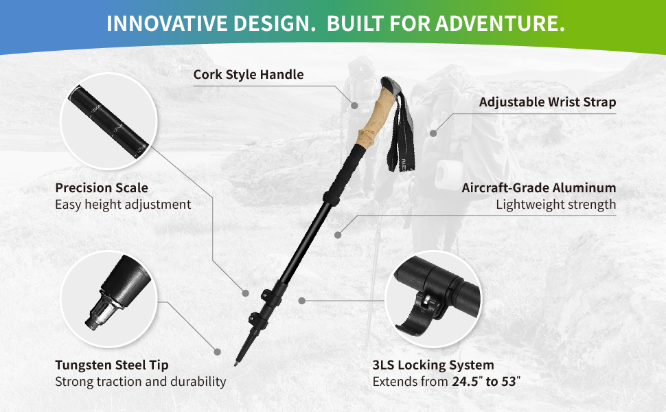 Lightweight trekking poles with cork grip, all-terrain tips, aircraft aluminum, portable design
