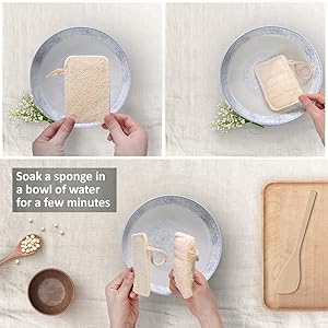 Remojar la esponja lufa eplanita en un recipiente con agua para que se hinche y se ablande