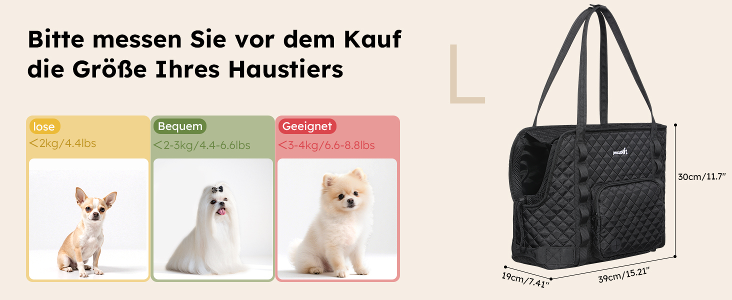 Der Text lautet „Bitte messen Sie vor dem Kauf die Größe Ihres Haustiers“. Die Produktvergleichstabelle zeigt die Abmessungen der Transportbox für Haustiere mit Abbildungen von kleinen Hunden und gesteppten Tragetaschen.