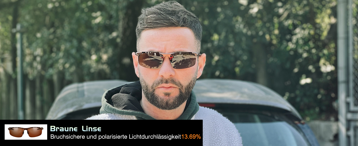 Mann mit sportlicher Sonnenbrille mit braunen Gläsern und elegantem Rahmen. Auto im Hintergrund sichtbar. Die Beilage zeigt eine Nahaufnahme einer Sonnenbrille mit technischen Daten