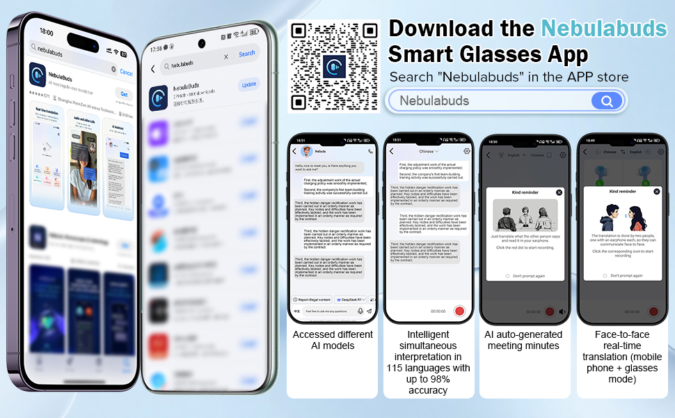 Text reads 'Download the Nebulabuds Smart Glasses App'. Multiple smartphone screenshots showing app interface and features with QR code for download.