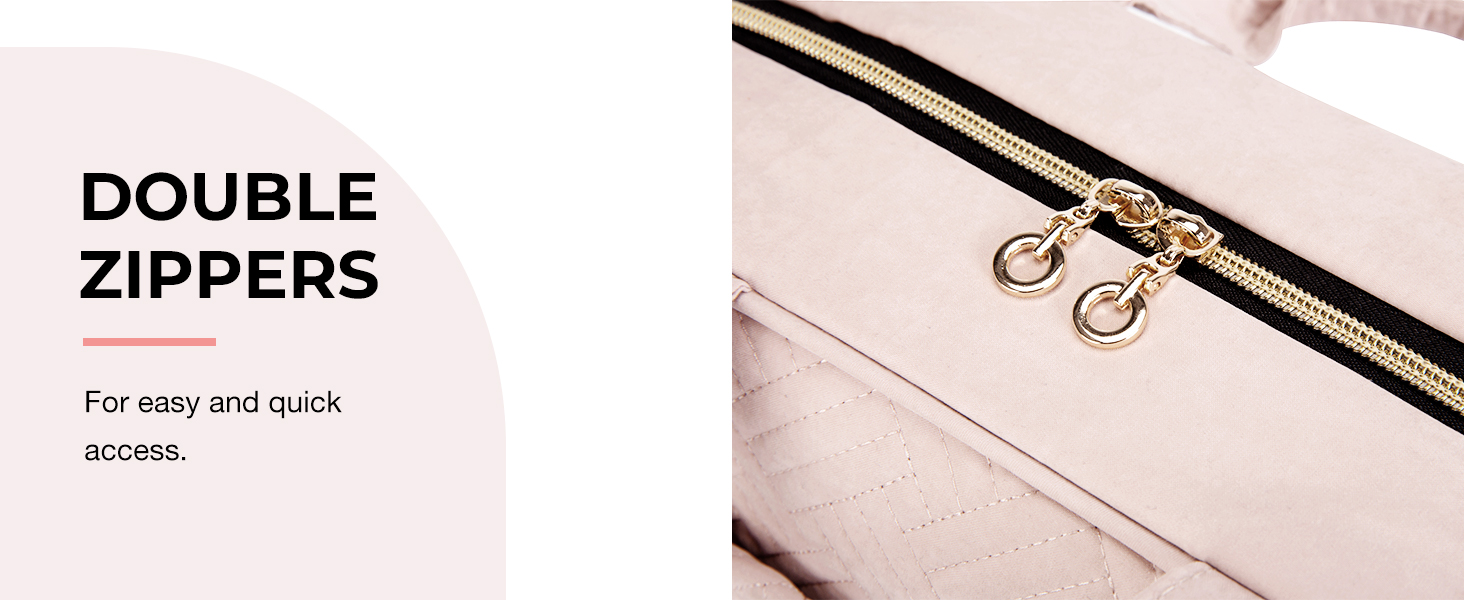 Close-up of a light-colored fabric bag featuring double zippers with gold-toned pulls, demonstrating easy access functionality.